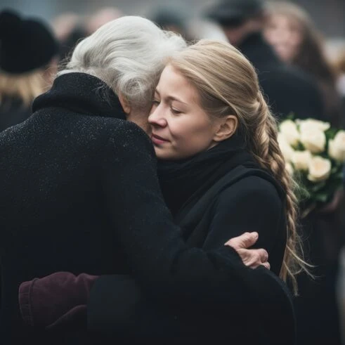Zwei trauernde Damen umarmen sich tröstend bei einer Beerdigung – ein Moment der Nähe und des gemeinsamen Abschieds